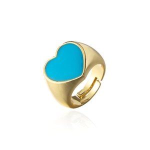 Large Blue Heart Enamel Gold Wide Ring